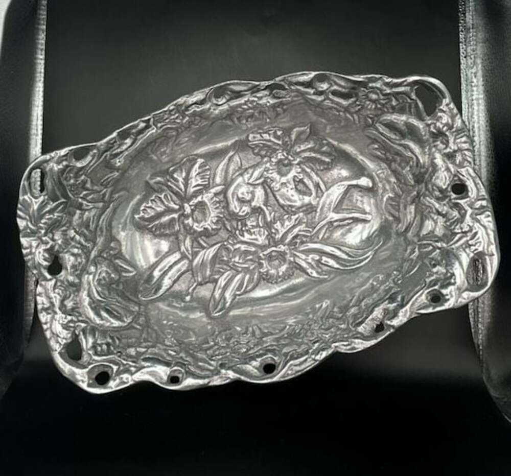 Vintage Peltrina Peltre Pewter Oval Floral Serving Bowl with Pierced Handles